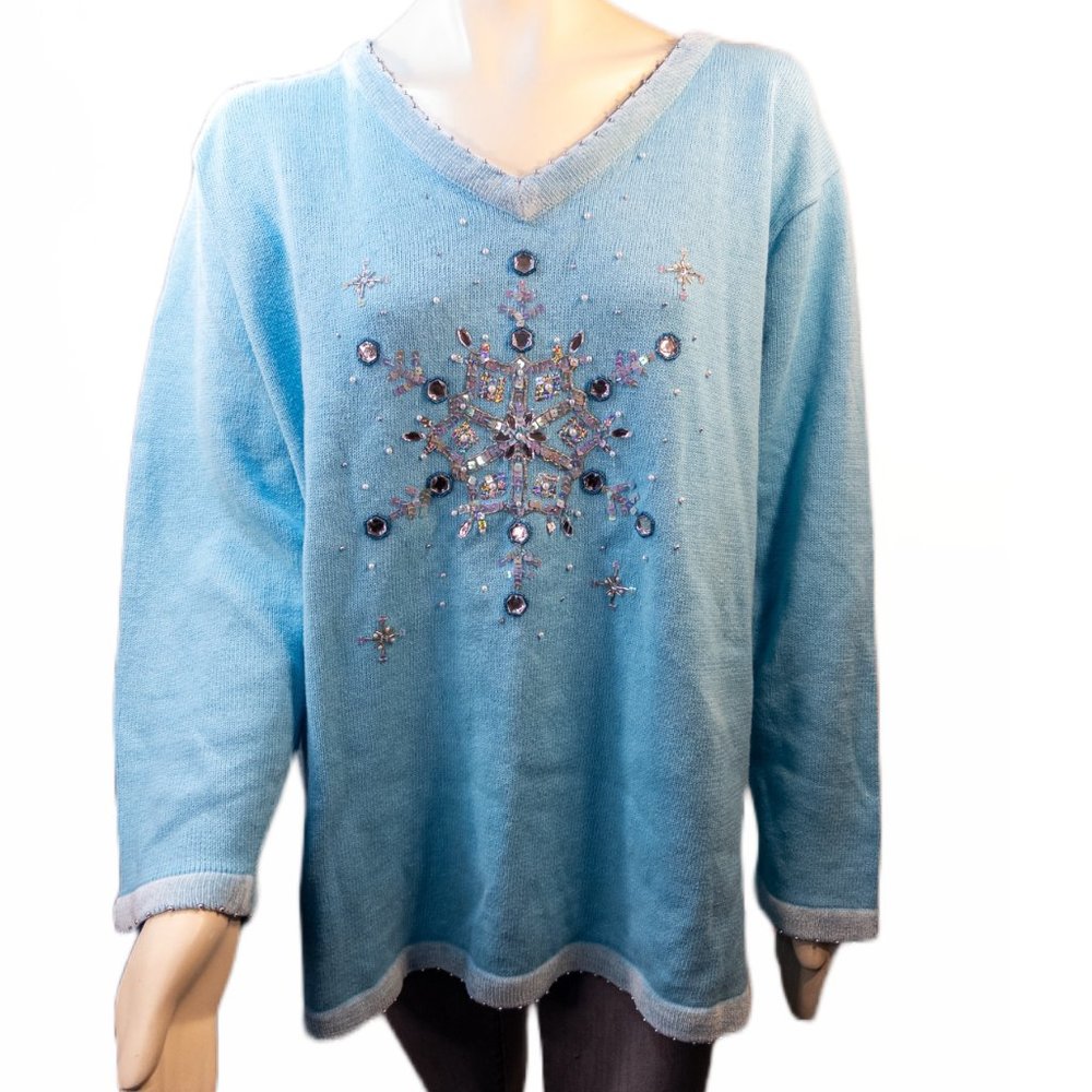 Quacker Factory Size 2X Sweater Blue Bling Embellished Snowflake V Neck Pretty